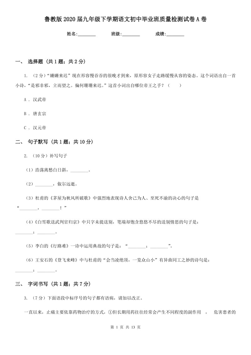 鲁教版2020届九年级下学期语文初中毕业班质量检测试卷A卷_第1页