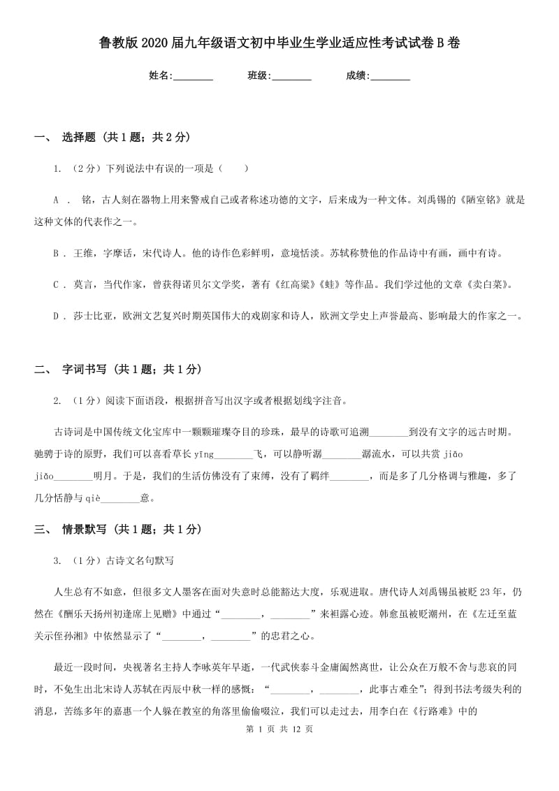 鲁教版2020届九年级语文初中毕业生学业适应性考试试卷B卷_第1页