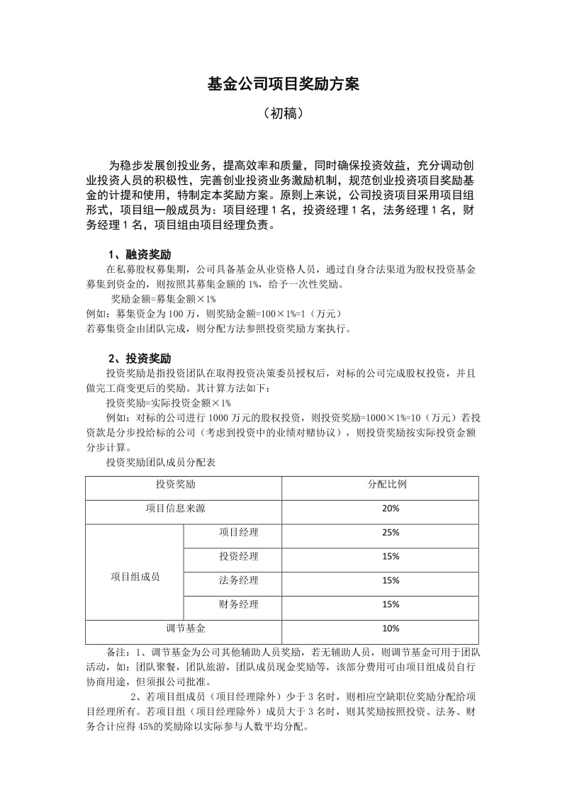 基金公司项目奖励方案(初稿)_第1页