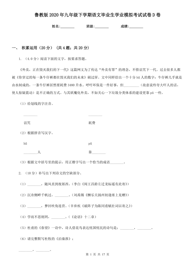 鲁教版2020年九年级下学期语文毕业生学业模拟考试试卷D卷_第1页