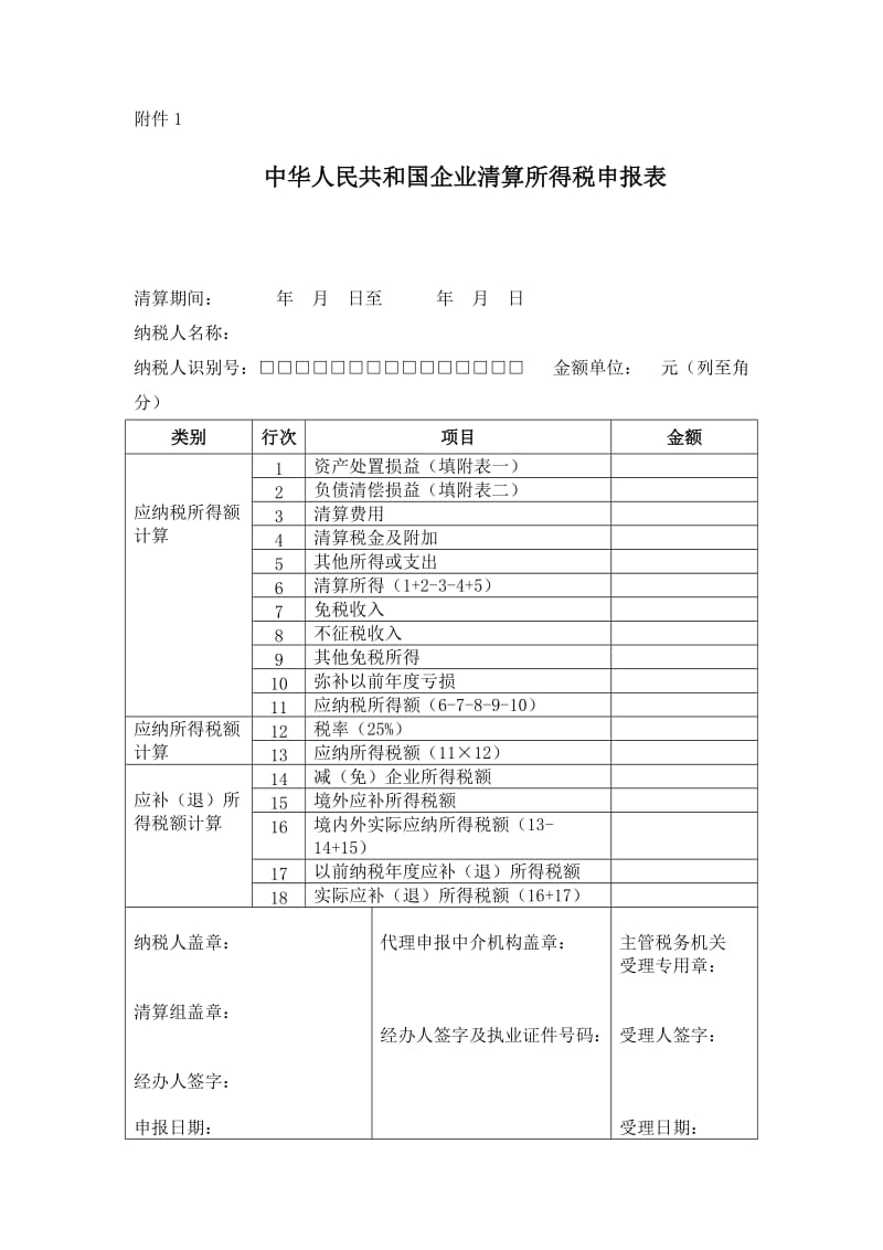 中华人民共和国企业清算所得税申报表及附表_第1页