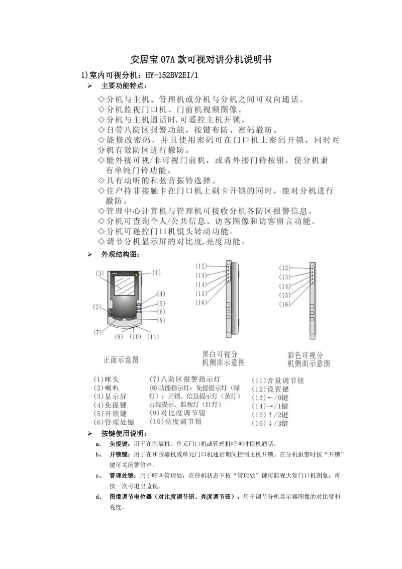 安居宝07A款可视对讲分机说明书_第1页