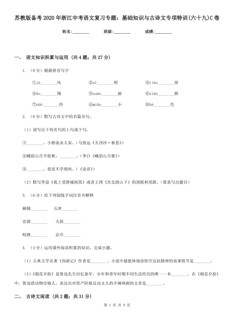 苏教版备考2020年浙江中考语文复习专题：基础知识与古诗文专项特训(六十九)C卷_第1页