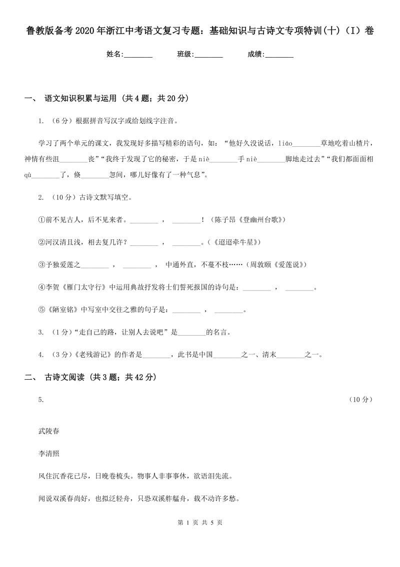 鲁教版备考2020年浙江中考语文复习专题：基础知识与古诗文专项特训(十)（I）卷_第1页