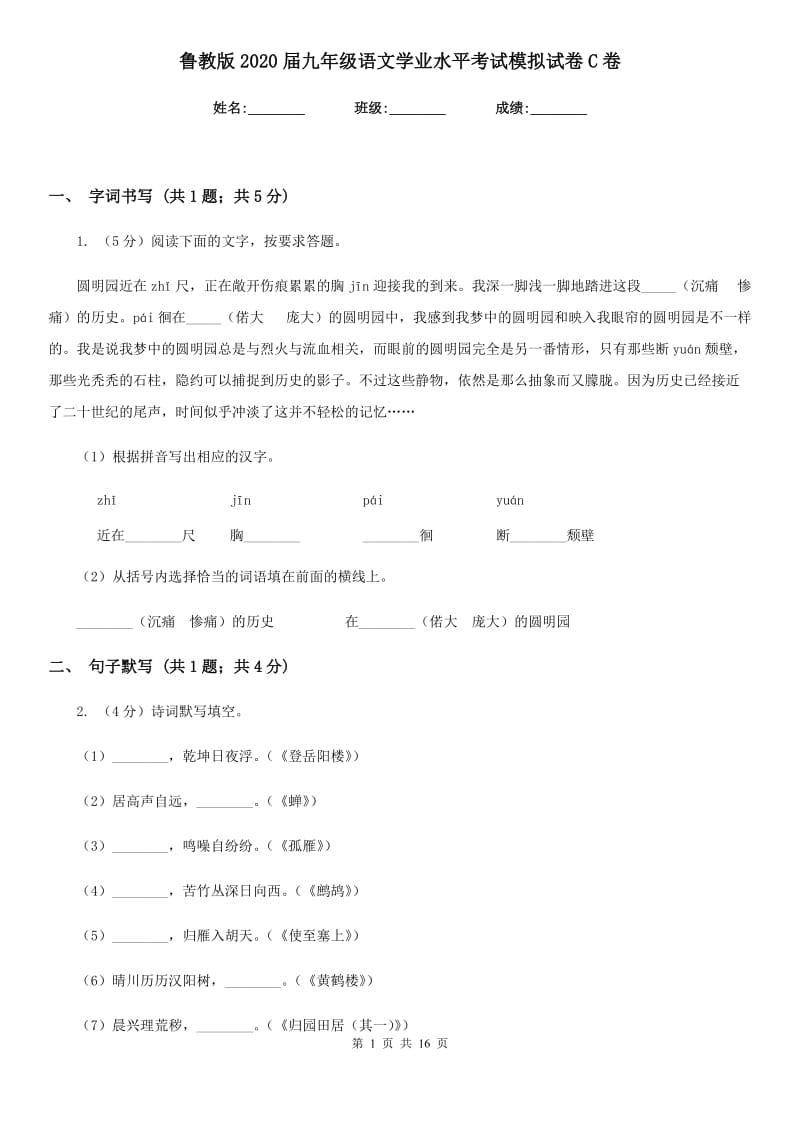 鲁教版2020届九年级语文学业水平考试模拟试卷C卷_第1页