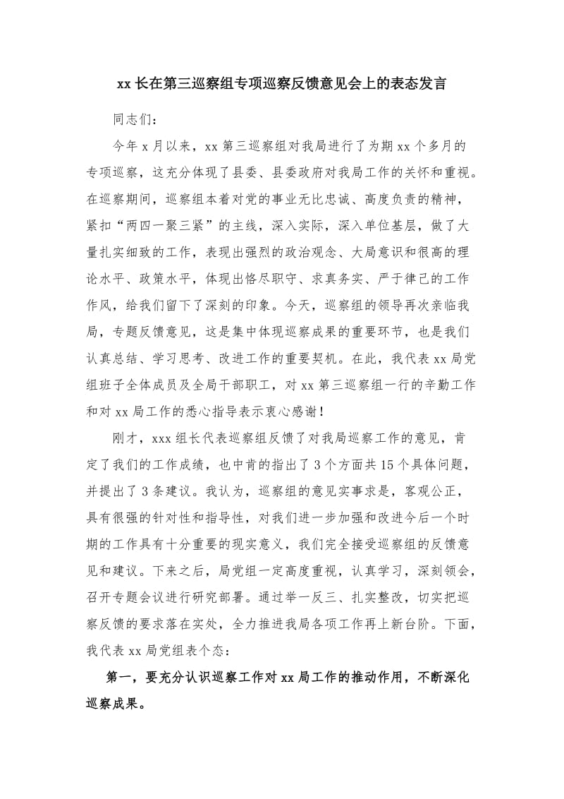 领导在第三巡察组专项巡察反馈意见会上的表态发言_第1页