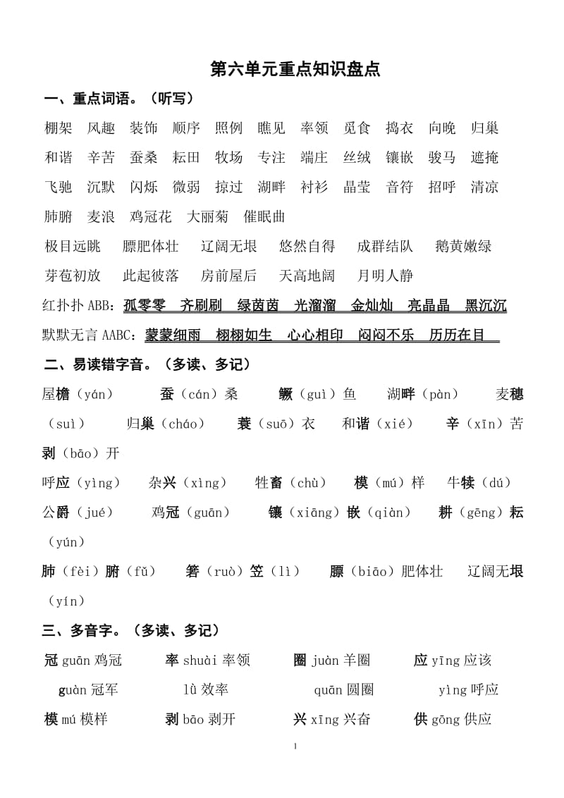 小学语文四年级下册 语文第六单元重点知识盘点_第1页