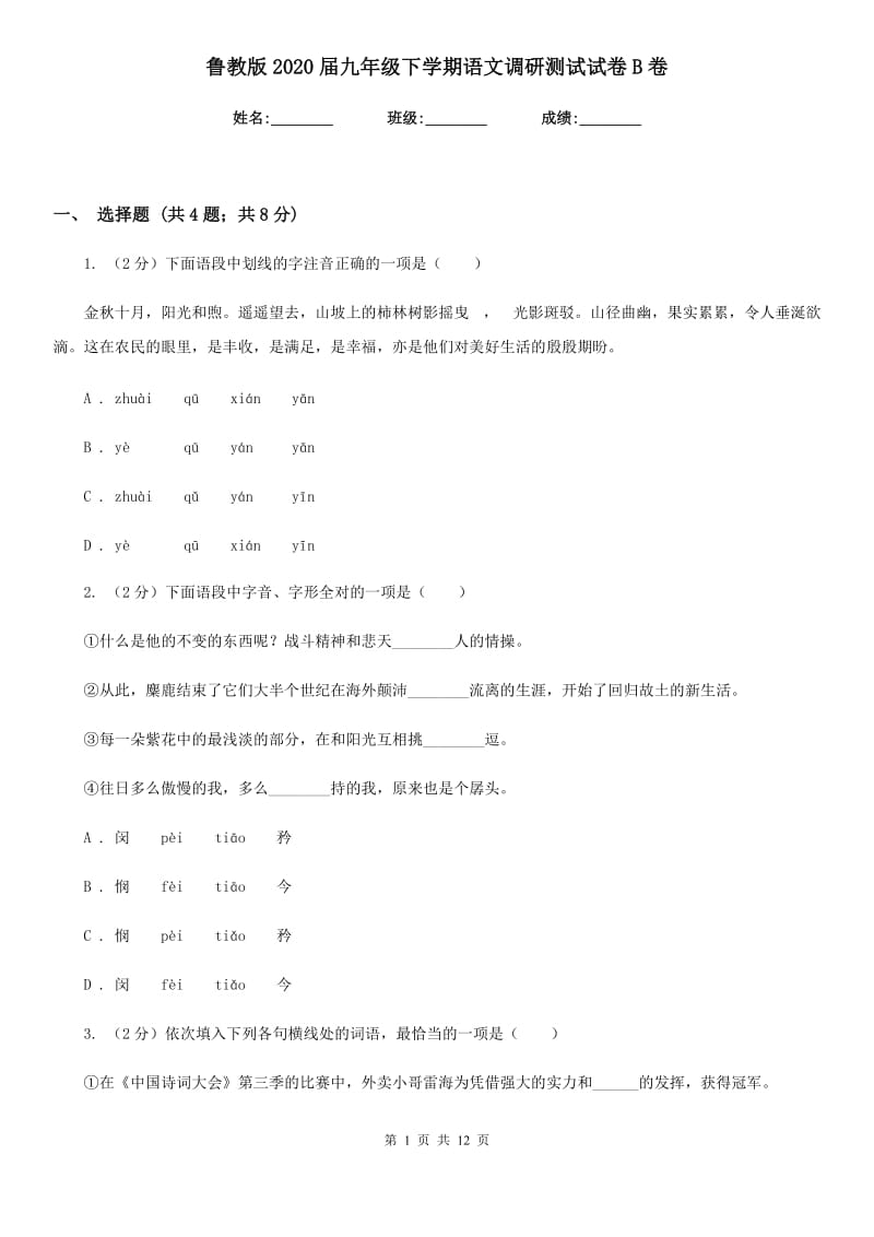 鲁教版2020届九年级下学期语文调研测试试卷B卷_第1页