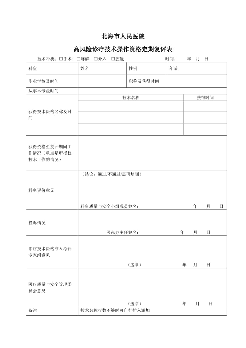 高风险诊疗技术操作资格复评表_第1页