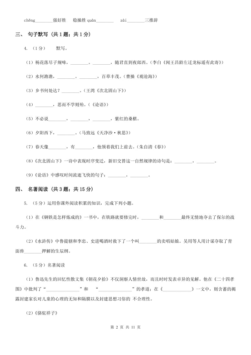 鲁教版2019-2020年九年级语文学业水平检测试卷（I）卷_第2页