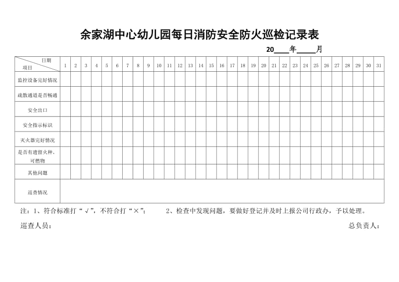 余家湖中心幼儿园每日消防安全防火巡检记录表_第1页