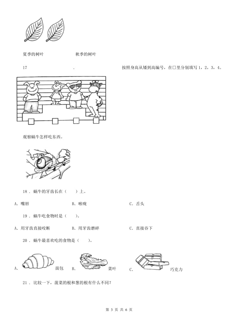 四川省2019-2020学年一年级上册期末测试科学试卷C卷_第3页