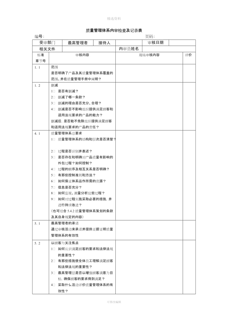 质量体系内审检查表模板_第1页