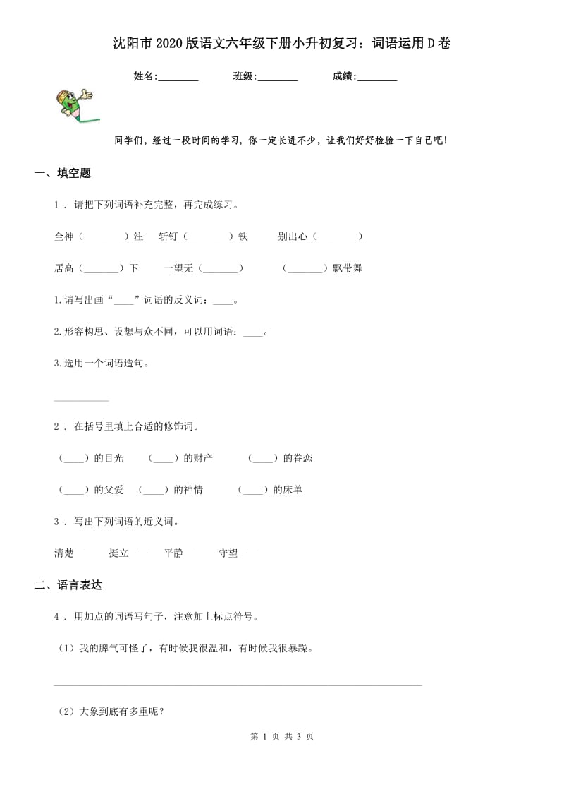 沈阳市2020版语文六年级下册小升初复习：词语运用D卷_第1页