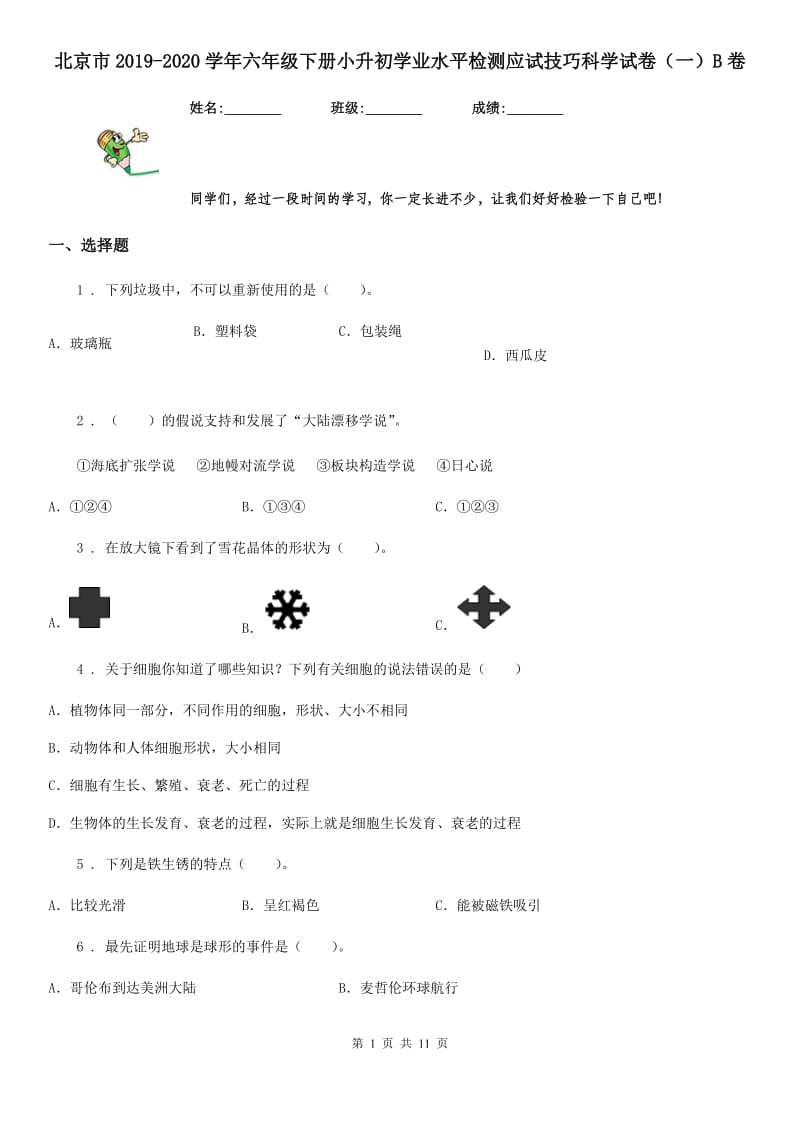 北京市2019-2020学年六年级下册小升初学业水平检测应试技巧科学试卷（一）B卷_第1页