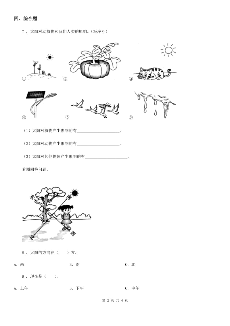 北京市科学2019-2020学年二年级上册3.太阳的位置和方向（I）卷_第2页