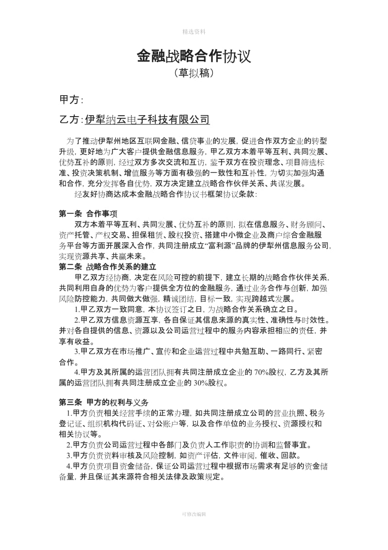 金融投资公司战略合作协议书_第1页