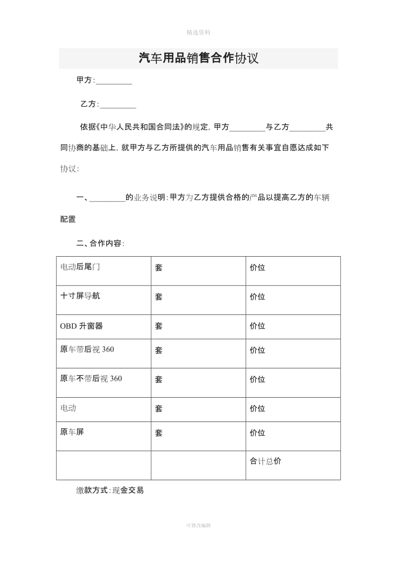 汽车用品销售合作协议_第1页