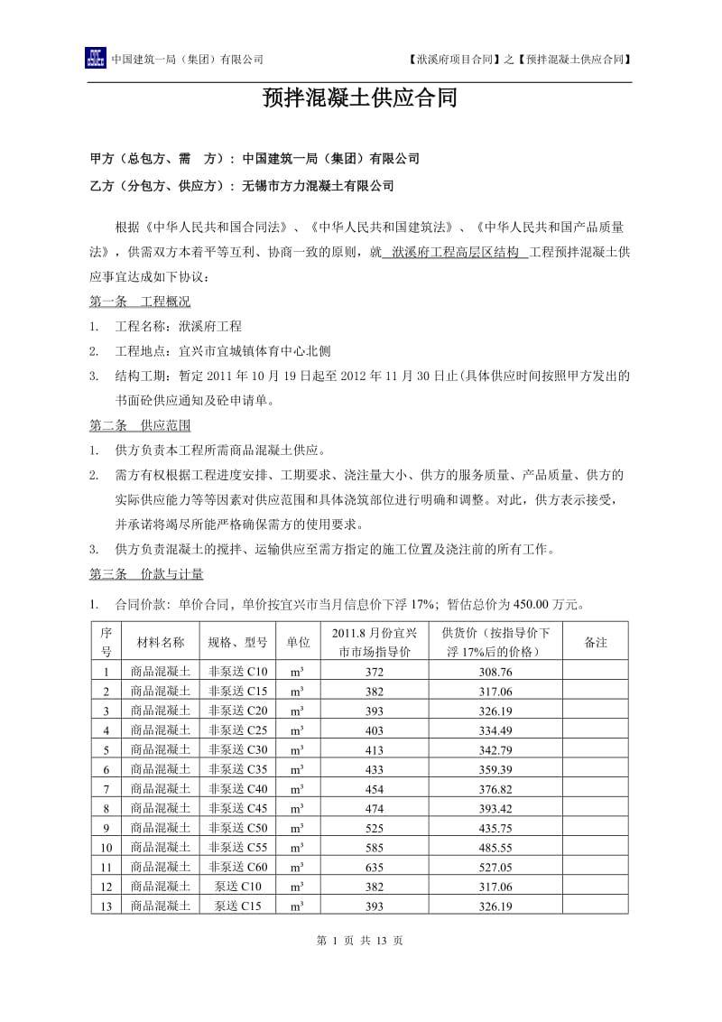 预拌混凝土供应合同_第1页