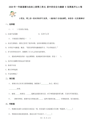 2020年一年級道德與法治上冊第三單元 家中的安全與健康 9 玩得真開心A卷