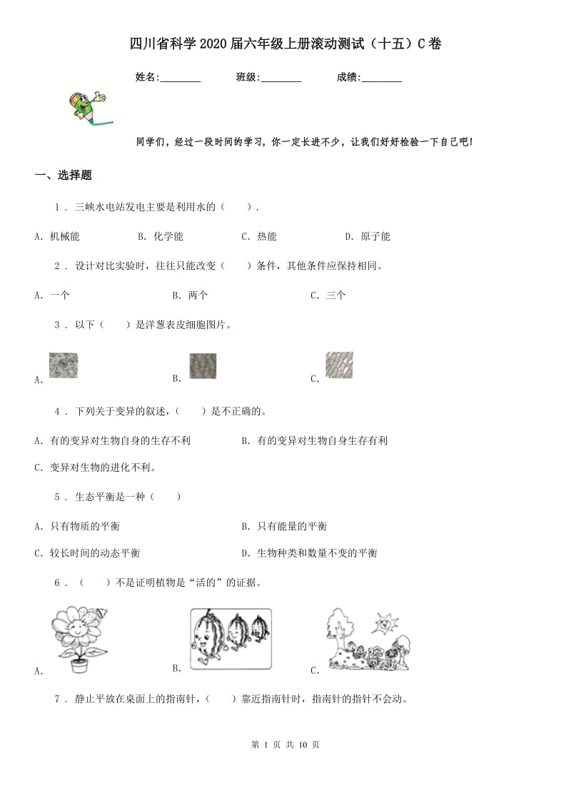 四川省科学2020届六年级上册滚动测试（十五）C卷_第1页