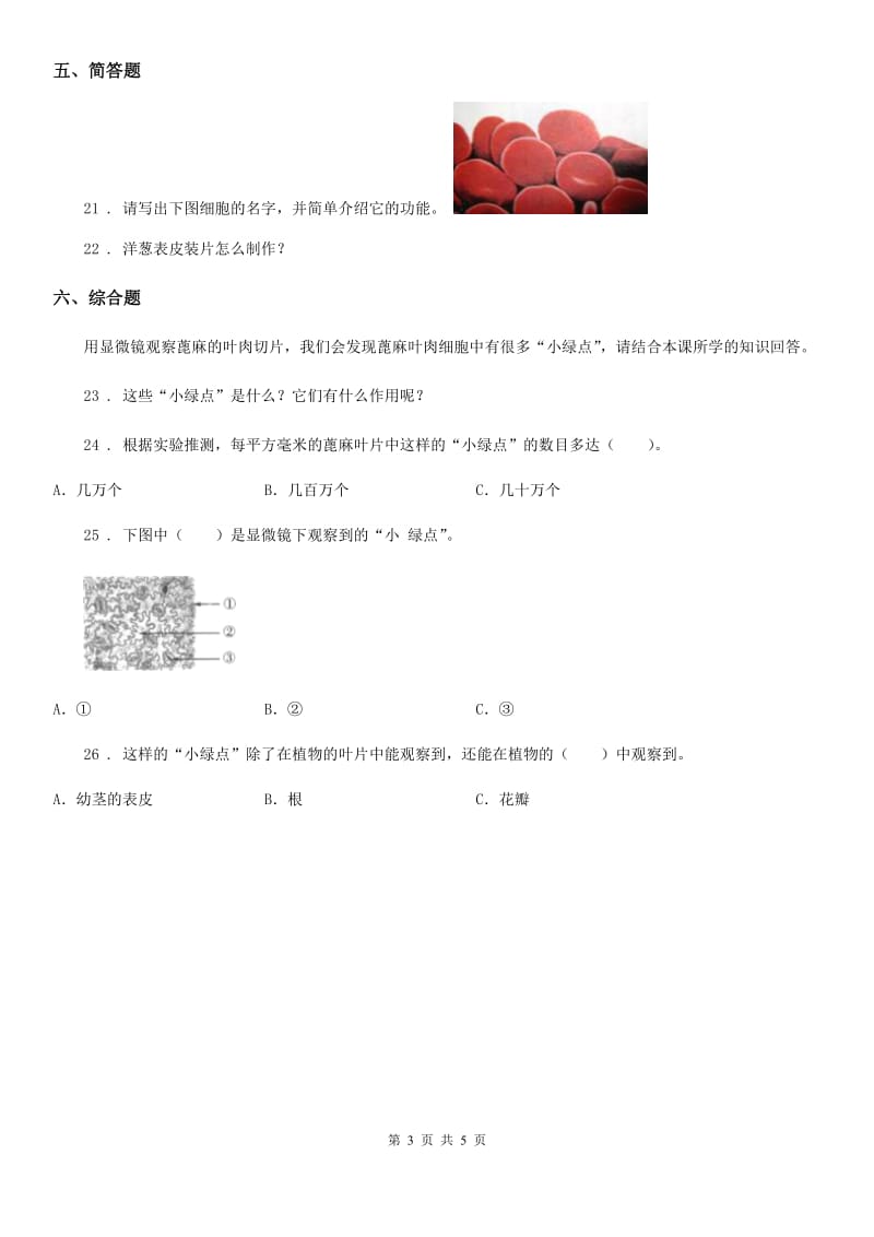 四川省科学2019-2020年六年级下册1.6 用显微镜观察身边的生命世界（二）练习卷（II）卷（模拟）_第3页