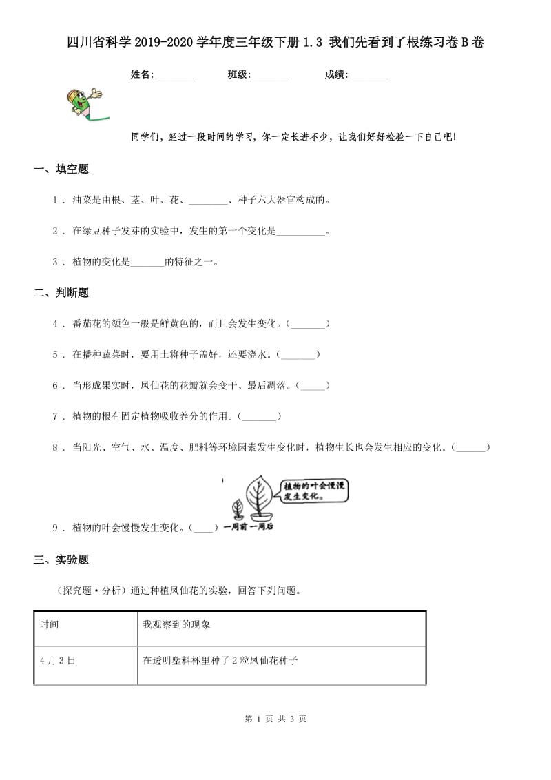 四川省科学2019-2020学年度三年级下册1.3 我们先看到了根练习卷B卷_第1页