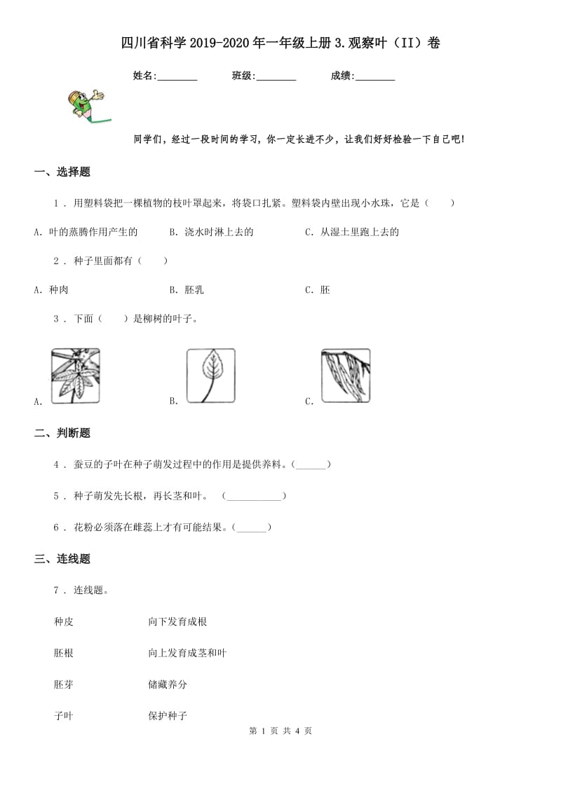 四川省科学2019-2020年一年级上册3.观察叶（II）卷_第1页