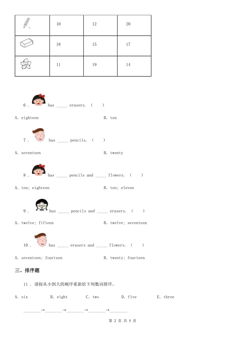 英语三年级下册Unit 6 How many单元测试卷_第2页