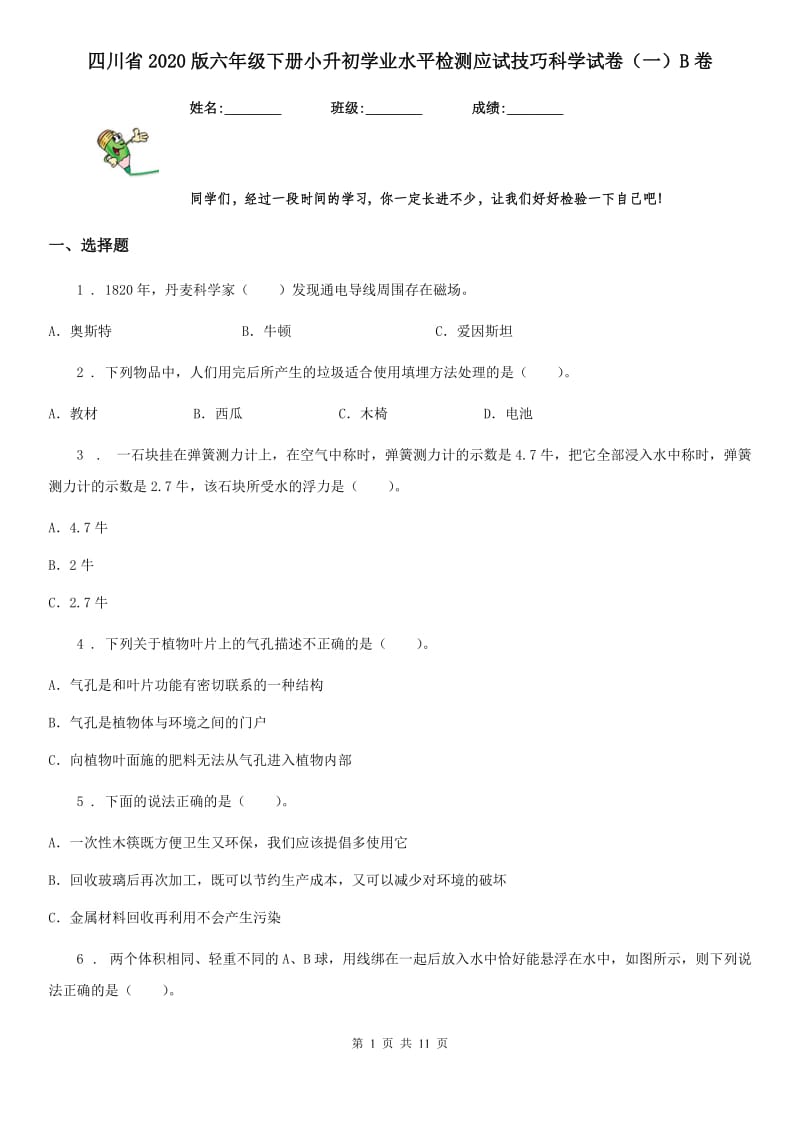 四川省2020版六年级下册小升初学业水平检测应试技巧科学试卷（一）B卷_第1页