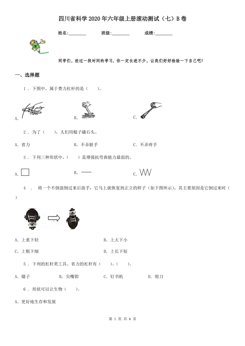 四川省科学2020年六年级上册滚动测试（七）B卷_第1页