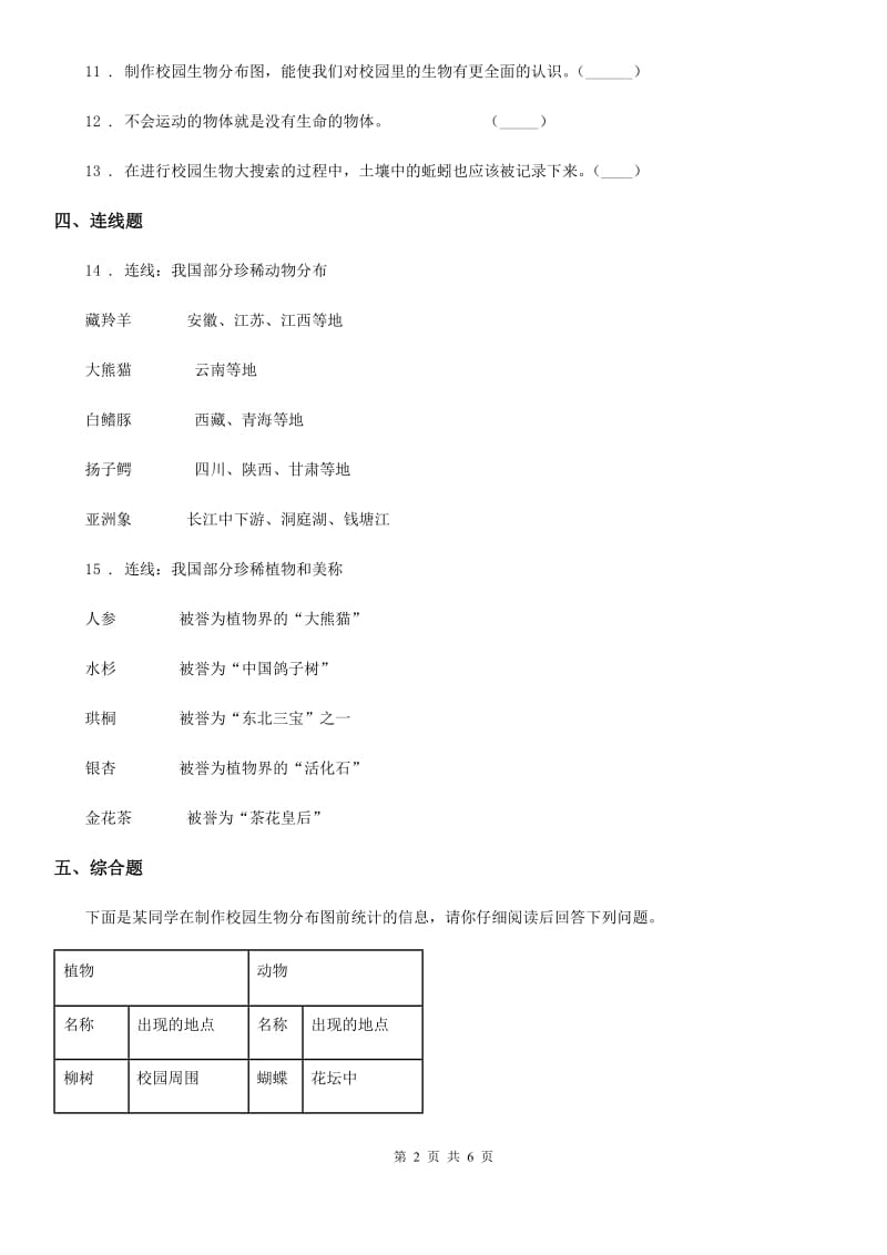 四川省科学2019-2020年六年级上册第2课时 校园生物分布图C卷_第2页
