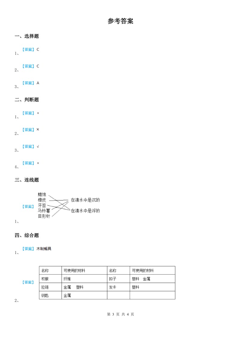 四川省科学2019-2020学年度二年级上册2.不同材料的餐具（I）卷_第3页