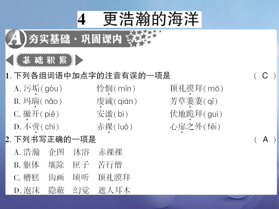 2018語文版語文九年級下冊第4課《更浩瀚的海洋》PPT習(xí)題課件（含答案）_第1頁