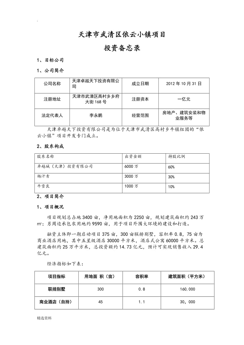 投资备忘录模板_第1页