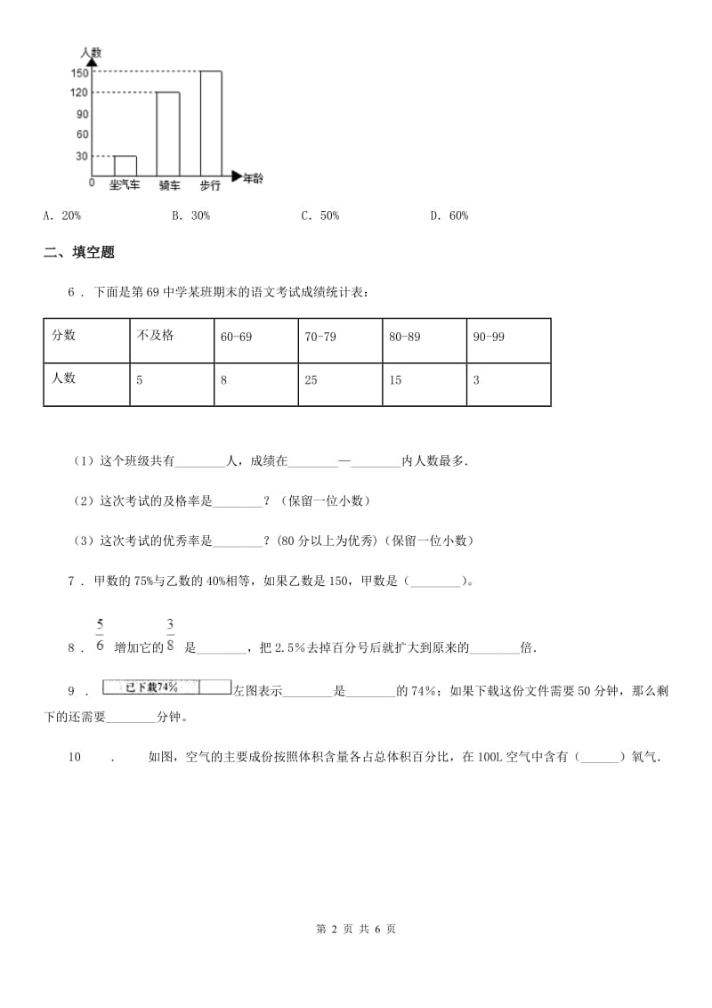 陕西省六年级数学上册第四单元《百分数》单元测试卷_第2页