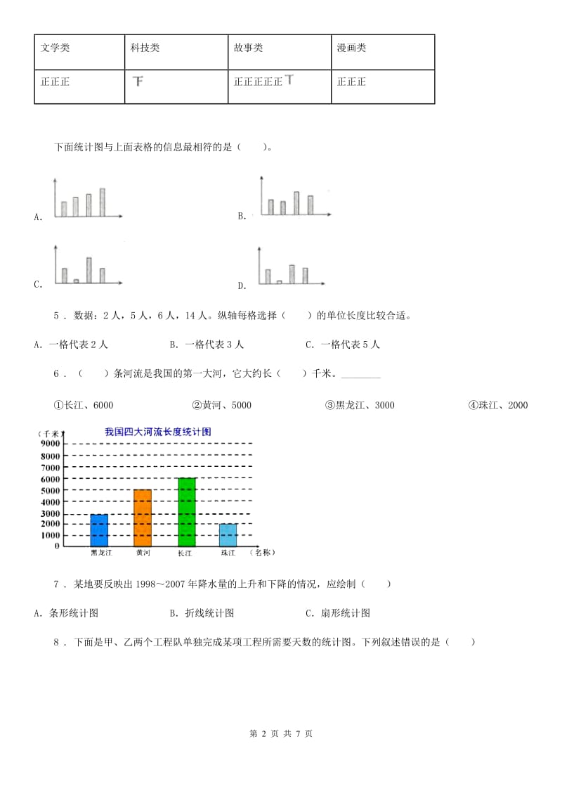 陕西省四年级数学上册第七单元《条形统计图》单元测试卷_第2页