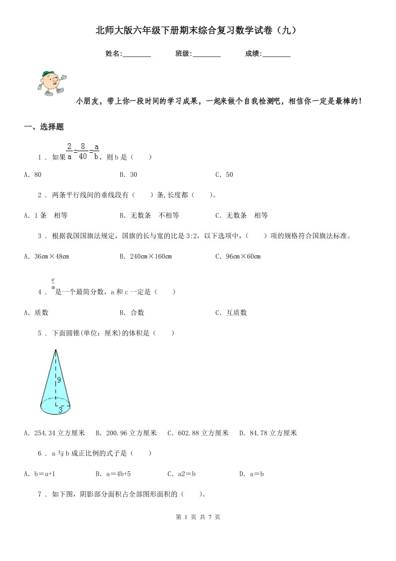 北师大版六年级下册期末综合复习数学试卷（九）_第1页