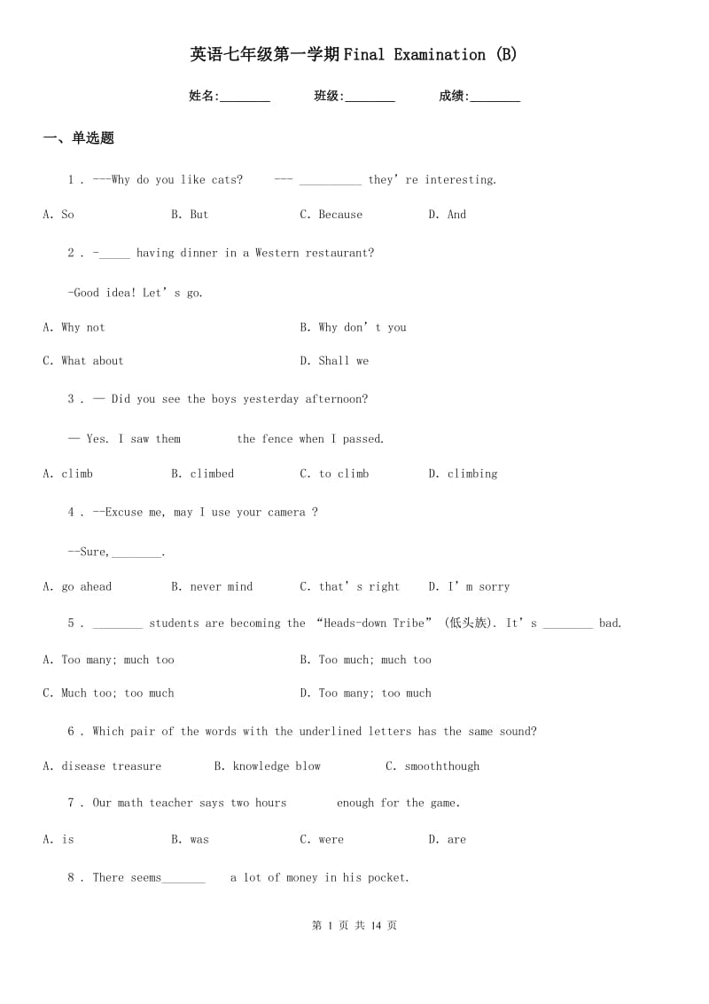 英语七年级第一学期Final Examination (B)_第1页