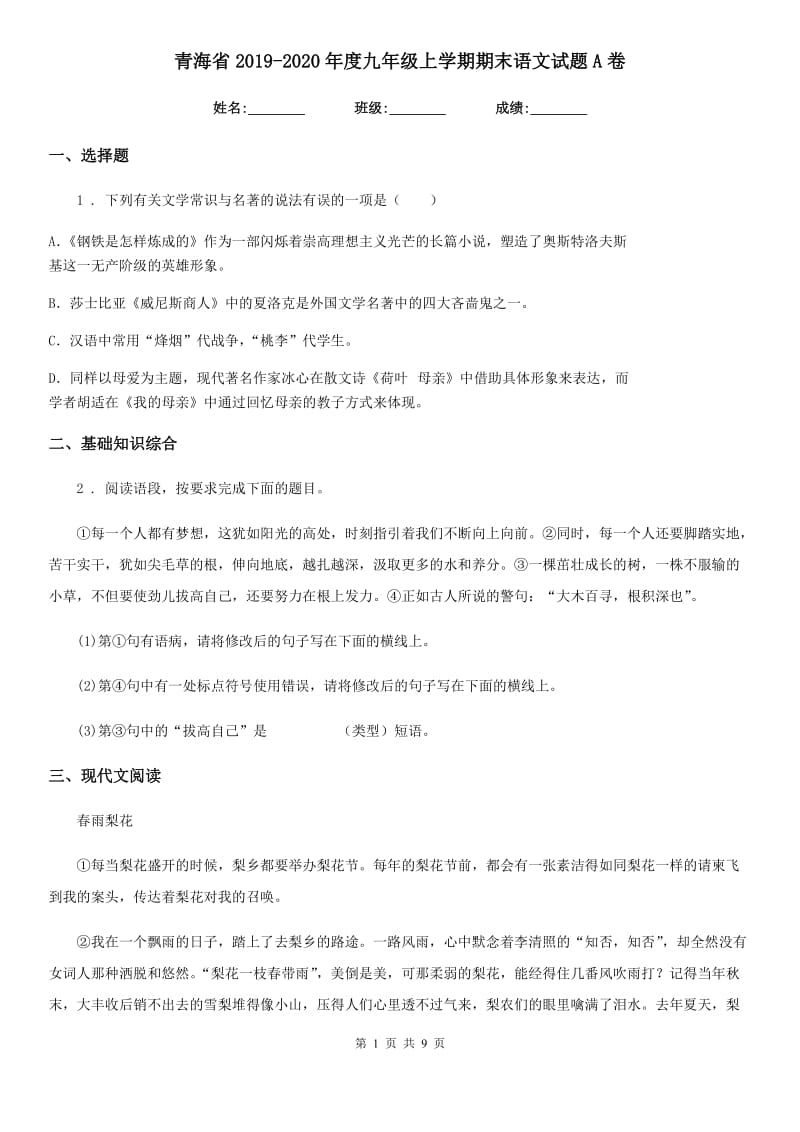 青海省2019-2020年度九年级上学期期末语文试题A卷（模拟）_第1页
