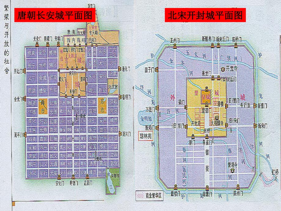 （2016年秋季版）七年級歷史下冊第10課宋元時(shí)期的都市生活與文化課堂討論：長安城與汴京城的比較素材中華書局版_第1頁