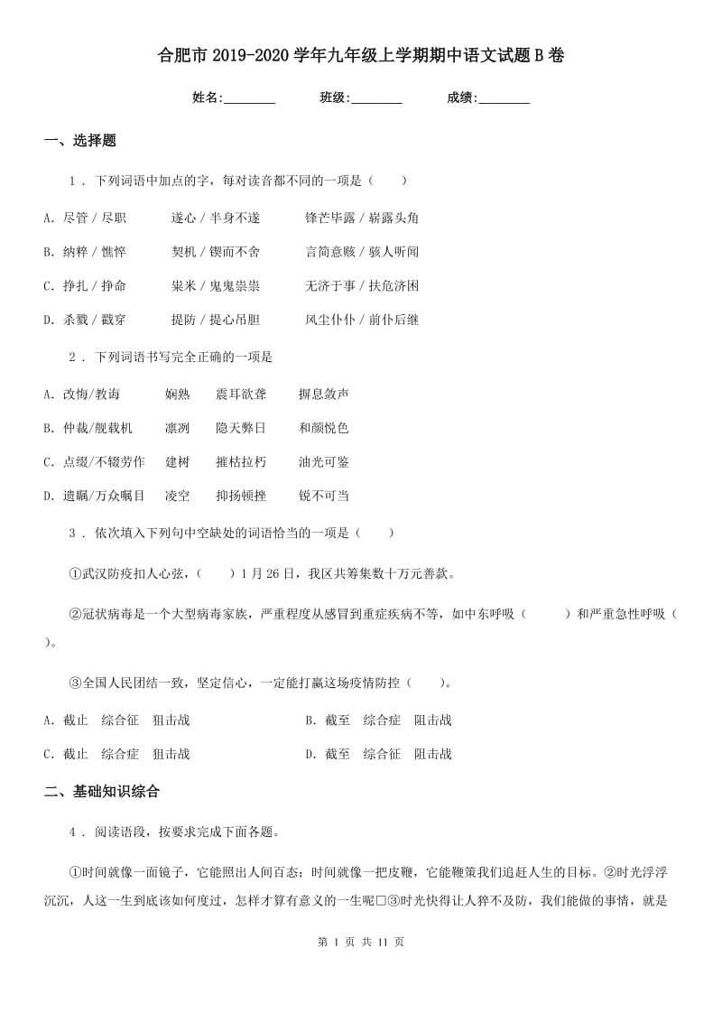 合肥市2019-2020学年九年级上学期期中语文试题B卷_第1页