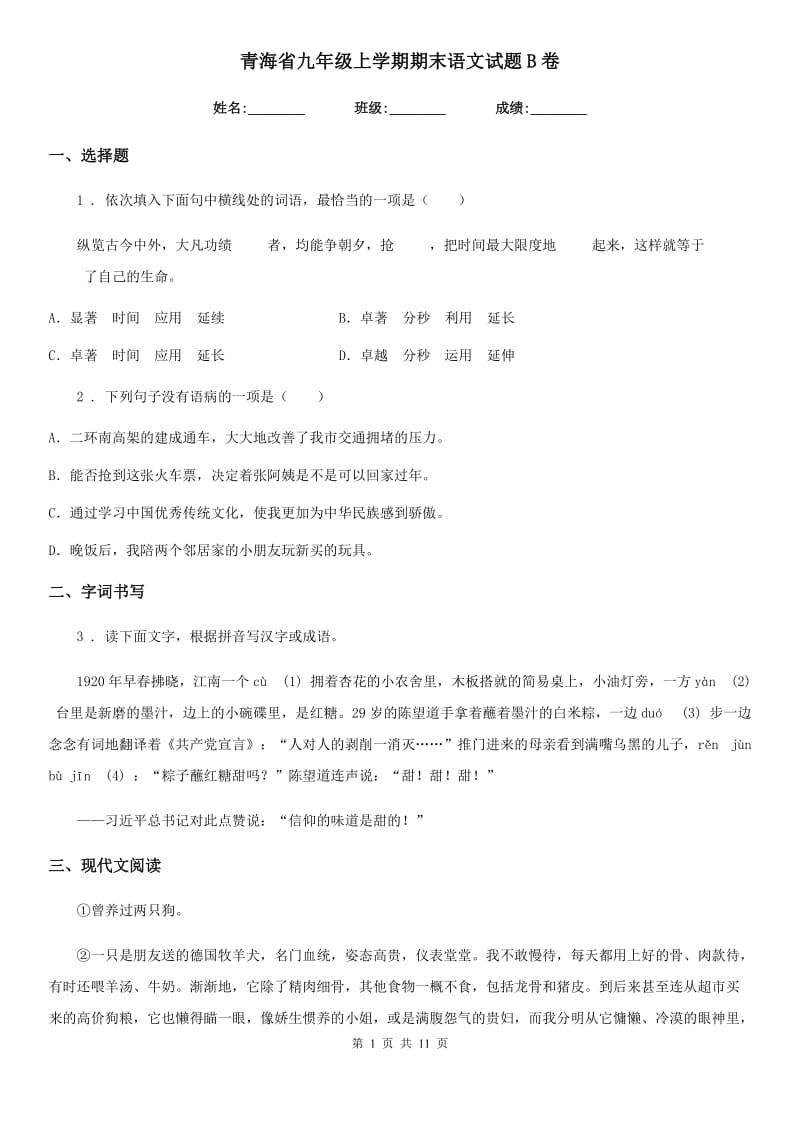 青海省九年级上学期期末语文试题B卷_第1页