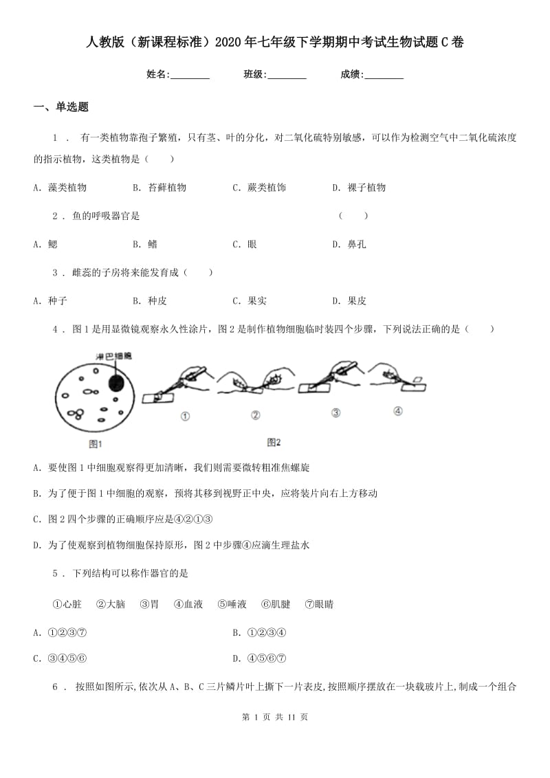 人教版（新课程标准）2020年七年级下学期期中考试生物试题C卷（练习）_第1页