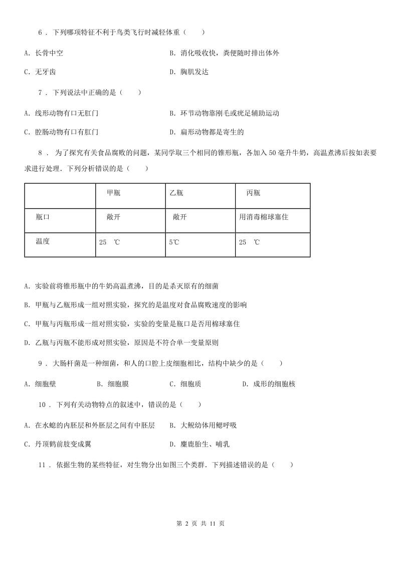 人教版（新课程标准）五四学制）2019-2020学年七年级上学期期末模拟生物试题_第2页