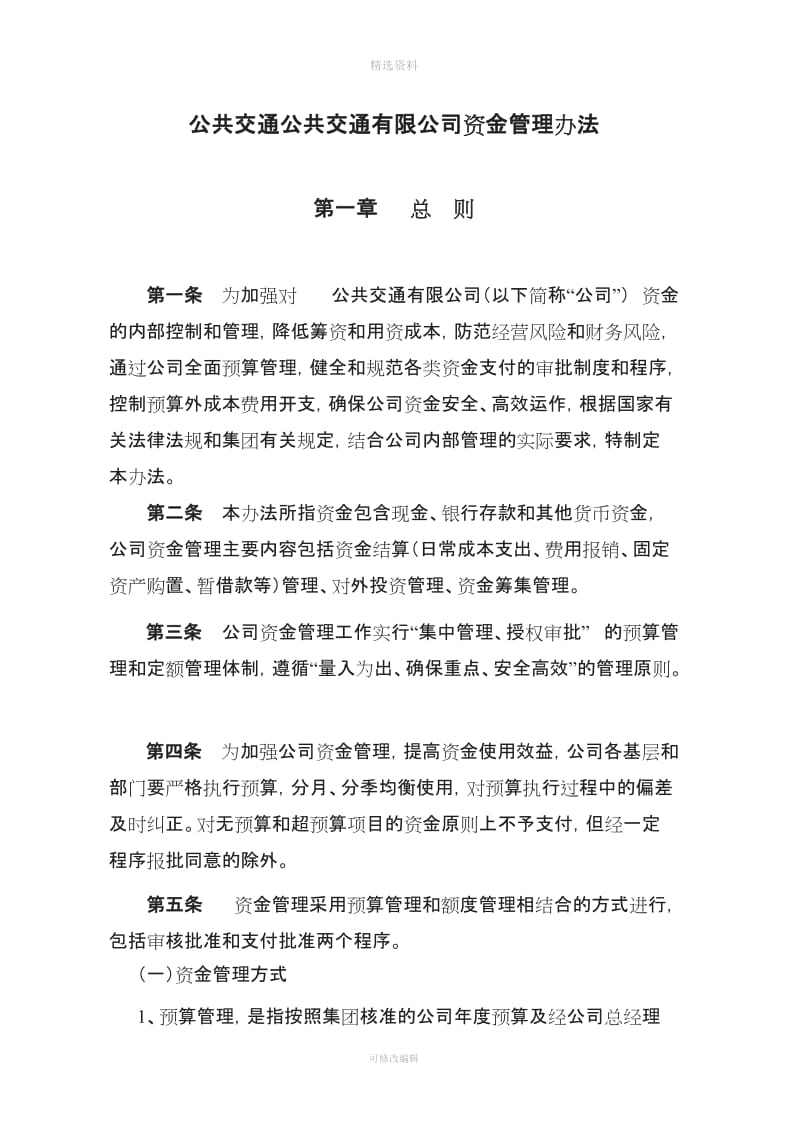 【资金制度】公共交通公共交通有限公司资金管理办法WORD页_第1页