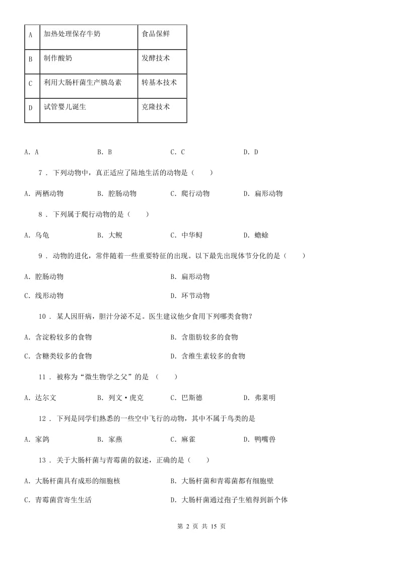 人教版（新课程标准）2019年八年级上学期期末考试生物试题C卷（模拟）_第2页