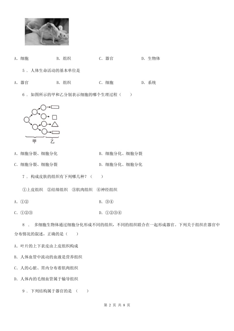 人教版七年级上册生物 2.2细胞怎样构成生物体 同步测试题_第2页