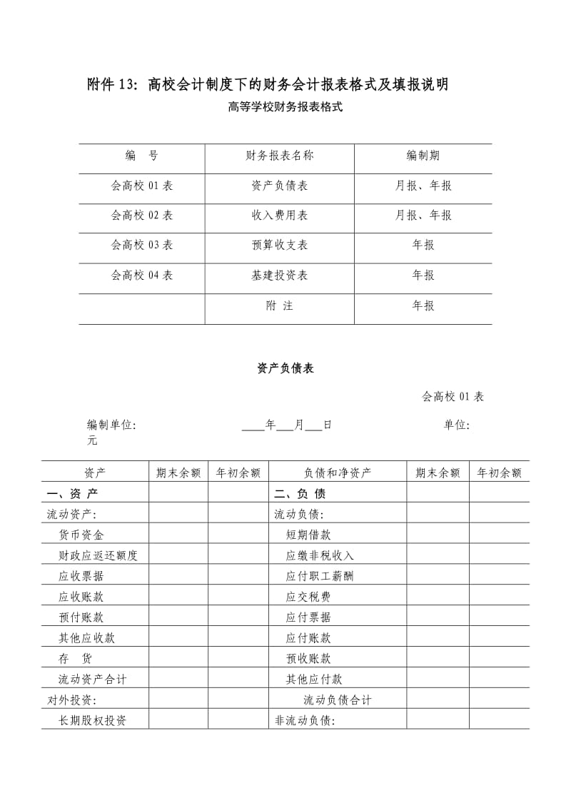 高校会计制度下的财务会计报表格式及填报说明_第1页