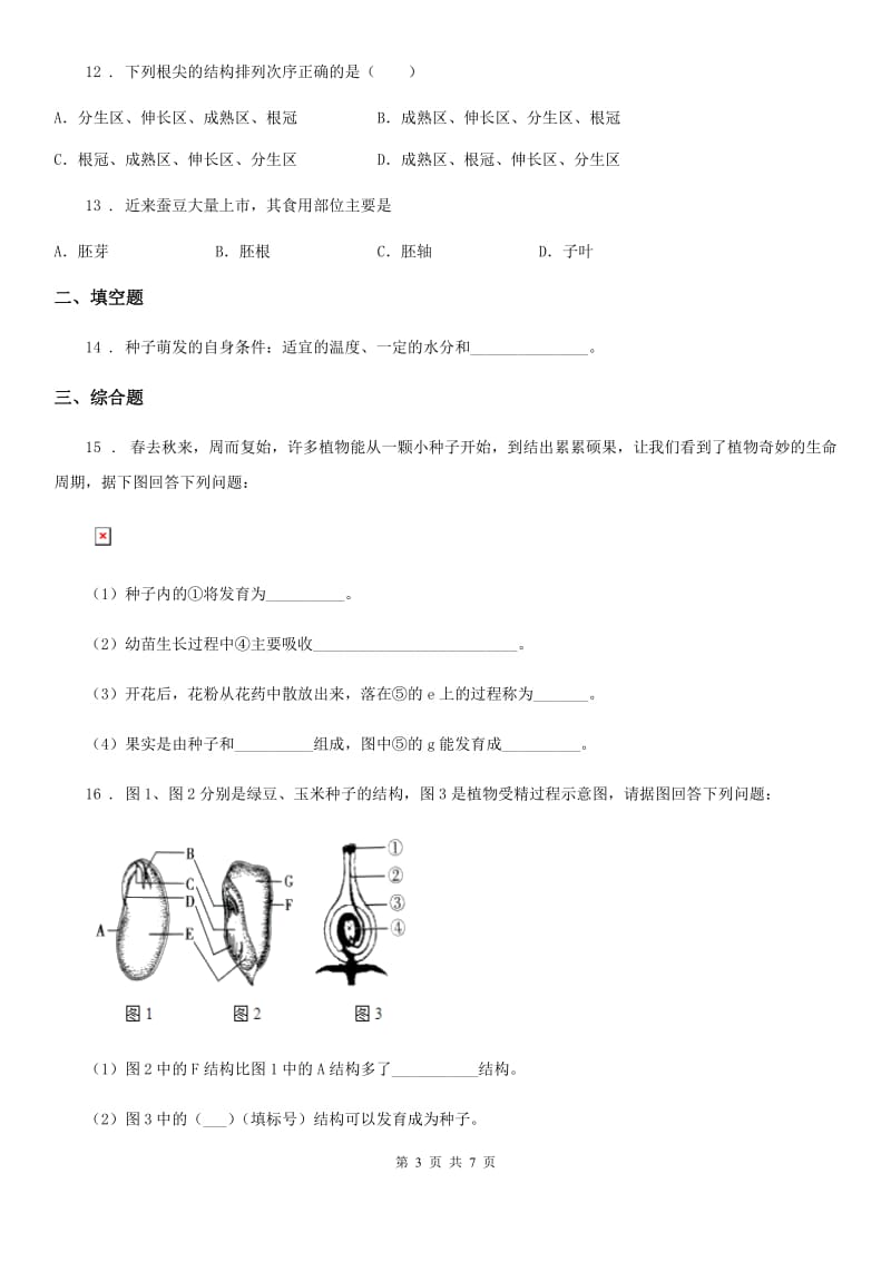 北师大版七年级上册生物 第六章 绿色开花植物的生活史 单元测试题_第3页